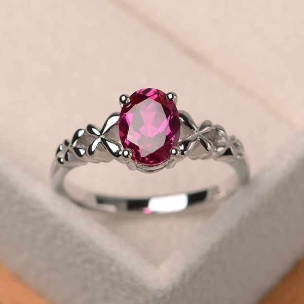 14K White Gold Square Design Red Ruby Diamond Ring Stone Birthstone July  Gemstone: 40269983776837